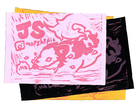 Colourful linocut business cards stacked. the card says JS with an instagram icon next to marshspit. There is a dog on the cards.